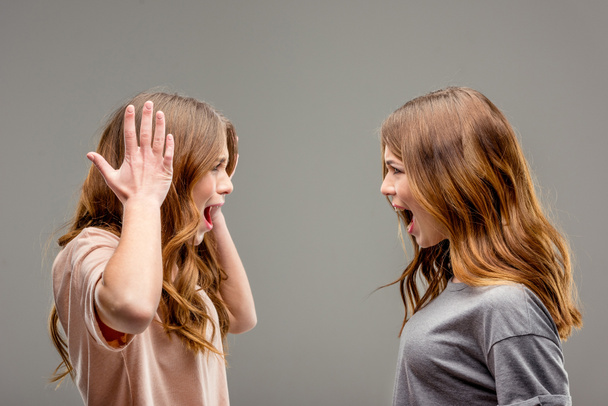 side view of twin sisters screaming at each other isolated on grey - Photo, Image