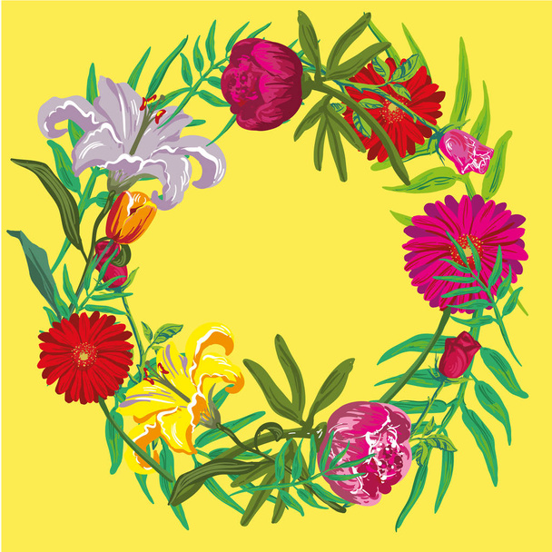 Lato kwiatowy wzór z żółtym tle. projekt nawierzchni dla karty, plakat, bannery internetowe, nagłówek i etui - Wektor, obraz