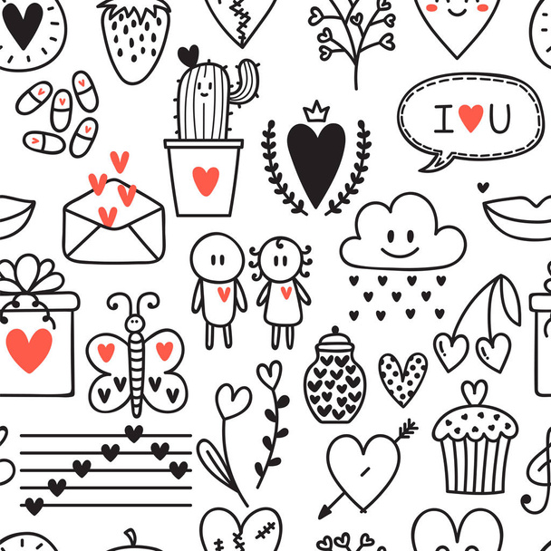 Hand drawn romantic seamless pattern. Lovely symbols. Valentine's day background. Love concept - Vector, Image