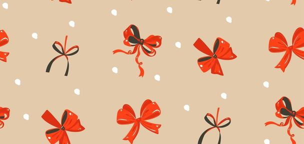 Hand getrokken vector abstracte plezier Merry Christmas cartoon rustieke feestelijke naadloze tijdspatroon met leuke illustraties van rode zijde bogen geïsoleerd op ambachtelijke papier achtergrond - Vector, afbeelding
