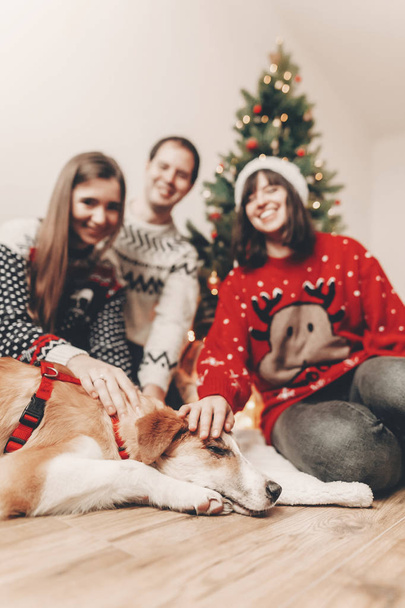 Szczęśliwa rodzina w stylowych swetrów i ładny pies siedzi choinki z światła i prezenty.  - Zdjęcie, obraz