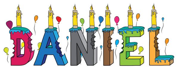 Daniel voornaam gebeten kleurrijke 3d letters verjaardagstaart met kaarsen en ballonnen - Vector, afbeelding