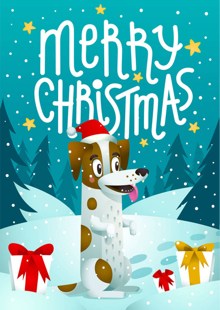 Cão bonito com presentes de férias e inscrição Feliz Natal. Elegante jack russell cão terrier com chapéu vermelho de Natal em um fundo de Natal azul. Inverno Temporada Saudações conceito
. - Vetor, Imagem