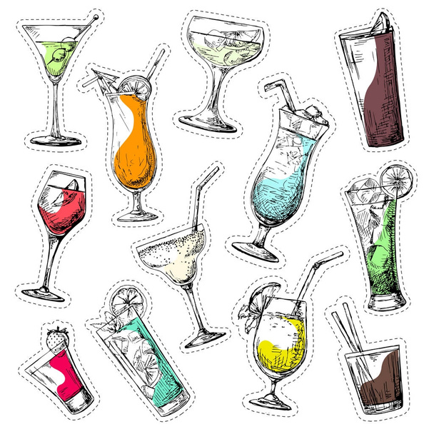 Set of different glasses, different cocktails. Vector illustration of a sketch style. - Vetor, Imagem