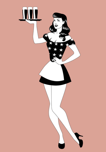 Pinup girl, niosąc tacę z szklanki piwa na sobie krótką spódniczkę, fartuch i sweter z gwiazdami - Wektor, obraz