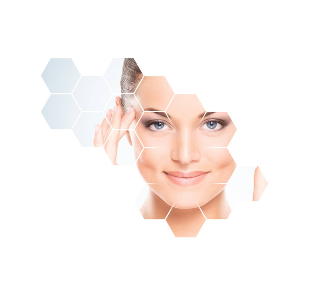 Human face in honeycomb. Young and healthy woman in plastic surgery, medicine, spa and face lifting concept. - Фото, зображення