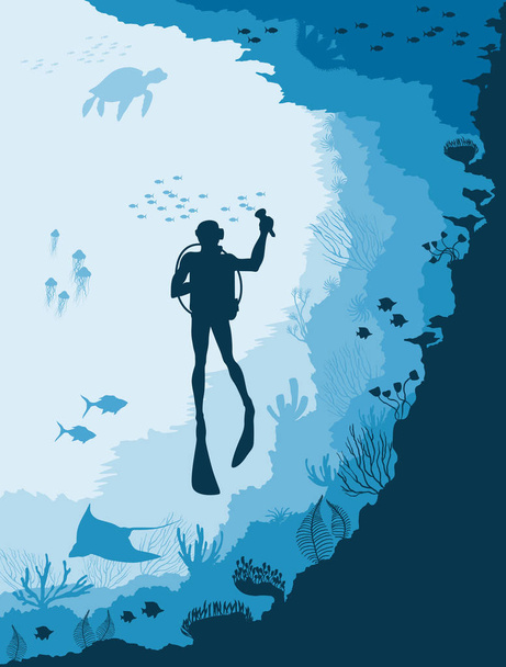 Diver with Underwater wildlife, jellyfish, fish - Вектор, зображення