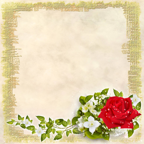 Beautiful background for Valentine's day with flowers, ornaments, ribbons and a free place for your editing. Perfectly suitable for invitations or congratulations on your birthday or other holiday event. - Фото, изображение