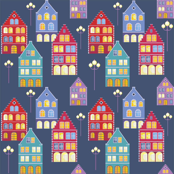 Full color seamless pattern with the image of the houses of the old town. Vector background. - Vettoriali, immagini