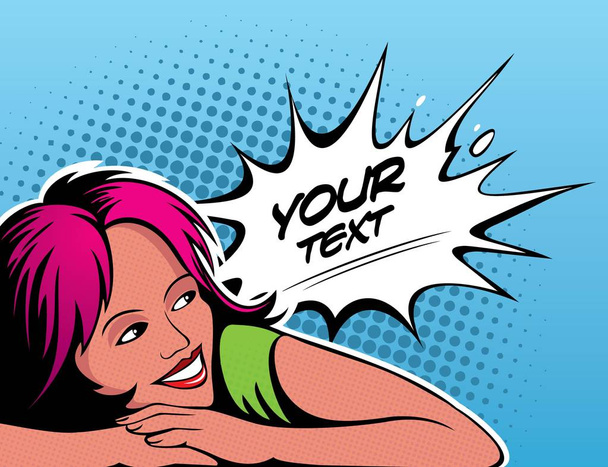Pop-art style woman with the comic book style text frame, vector illustration. - Vetor, Imagem