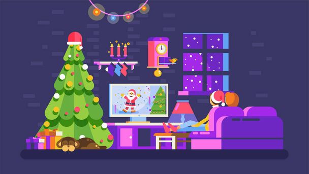 Christmas evening home interior, lovers sit on couch watch TV with Santa Claus in New Year Eve festive night - Vector, Image