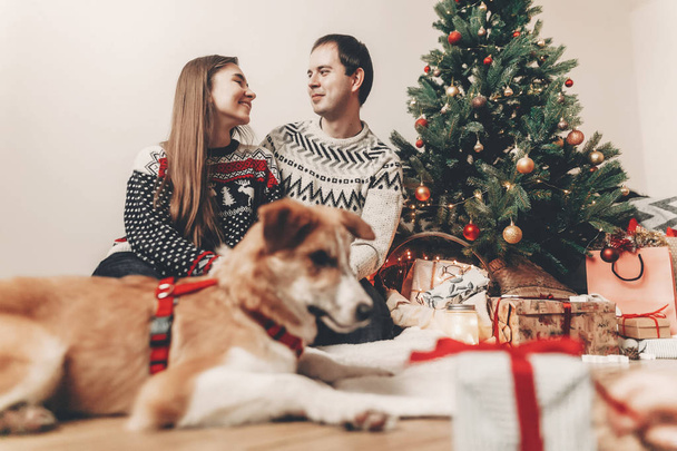 feliz pareja en suéteres elegantes y lindo perro descansando en el árbol de Navidad con luces y regalos
.  - Foto, imagen