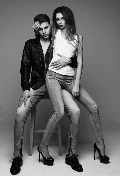 Fashion shoot of a sexy couple - black and white picture - Zdjęcie, obraz