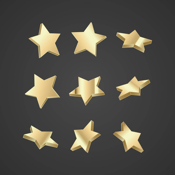 Set of golden, three-dimensional stars on dark background, vector illustration - Vector, Image