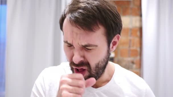Portrait of  Beard Man Coughing, Throat infection, Indoor - Кадры, видео