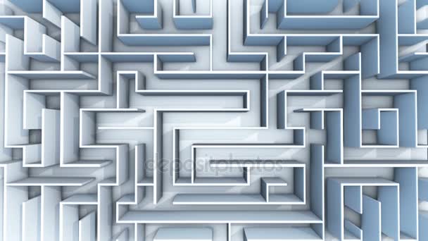 nahtloser Flug über endloses Labyrinth mit beleuchteten blauen Wänden - Filmmaterial, Video