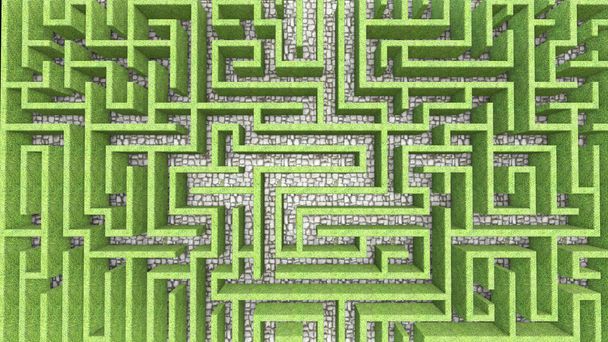 Vol d'illustration 3D au-dessus des labyrinthes des murs d'herbe
 - Photo, image