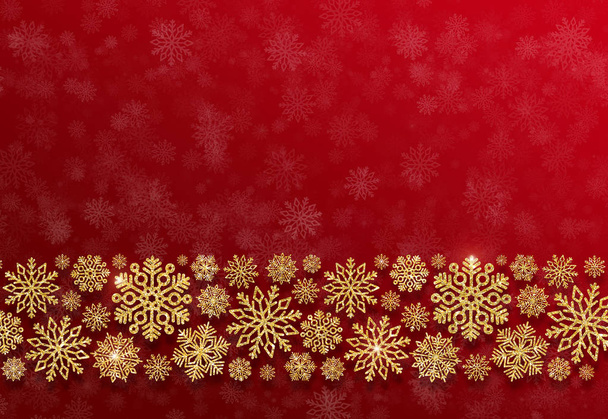 Borde navideño de copos de nieve dorados sobre fondo rojo. Copos de nieve volumétricos de oro 3D
 - Foto, Imagen