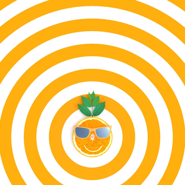 Φέτες πορτοκαλιού με γυαλιά ηλίου σε χρώμα πορτοκαλί και άσπρο μοτίβου  - Φωτογραφία, εικόνα