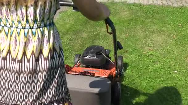 Mulher jardineiro em vestido manchado empurrar cortador de grama cortar grama prado. 4K
 - Filmagem, Vídeo