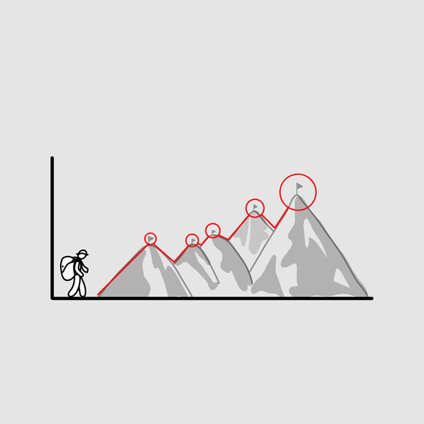 επιχειρηματίας περπάτημα στην κορυφή του βουνού με σημαία διανυσματικά εικονογράφηση doodle σκίτσο χέρι με μαύρες γραμμές που απομονώνονται σε γκρι φόντο. Επιχειρηματική ιδέα. Έναρξη της τρόπο για την επίτευξη του στόχου. - Διάνυσμα, εικόνα