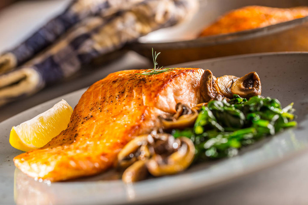 Salmon Roast Fillet. Portion of roast salmon fillet with spinach mushrooms in restaurant pub home or hotel - Фото, зображення