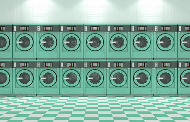 A wall of a well lit clean stack of turquoise industrial washing machines in a laundromat - 3D render - Photo, Image