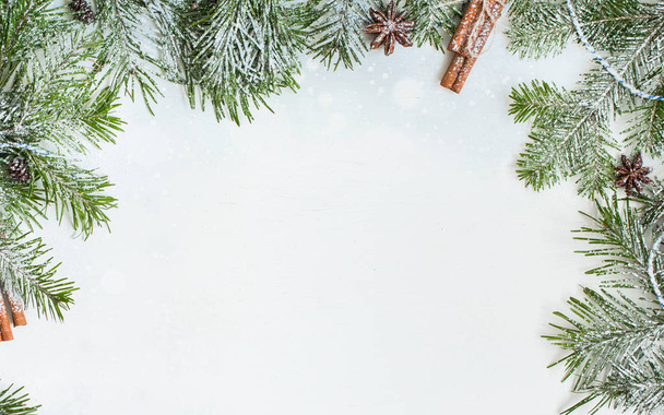 Weihnachtsbaum und Gewürze (Zimtstangen, Kardamom) auf weißem Holzgrund. Winterferienkonzept. flache Lage, Draufsicht. Weihnachtsrand - horizontales Banner. Webgröße.  - Foto, Bild