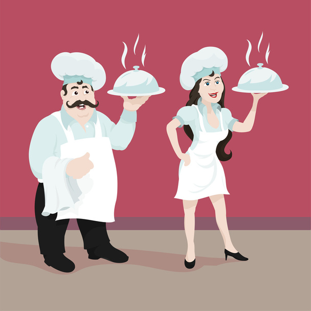 schattig mannelijke en vrouwelijke chef-kok - Vector, afbeelding