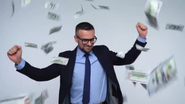Dollareita putoaa virallisesti pukeutunut mies
 - Materiaali, video