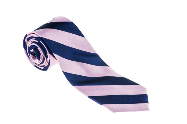primer plano de una elegante corbata elegante enrollada y aislada sobre un fondo blanco, corbata a rayas azul y rosa
 - Foto, Imagen