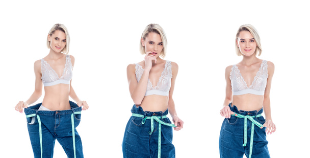 collage con ragazza in jeans vecchi misurare la sua vita sottile, isolato su bianco
 - Foto, immagini