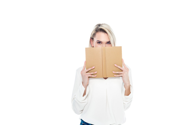 beautiful blonde female student with book, isolated on white - Fotoğraf, Görsel