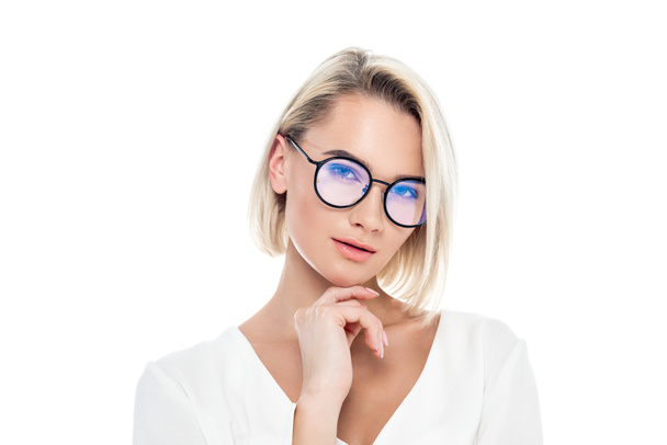 beautiful pensive girl in eyeglasses, isolated on white - Photo, Image