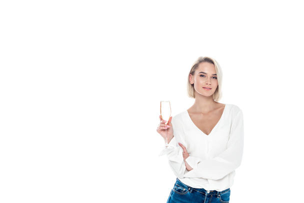 beautiful girl holding champagne glass, isolated on white - Zdjęcie, obraz