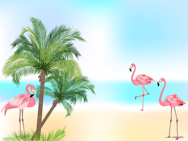 熱帯のジャングルの背景にピンクのフラミンゴ - ベクター画像
