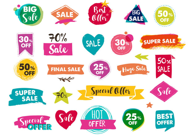 Super Sale Etiketten, moderne handgezeichnete Aufkleber und Tags - Vektor, Bild