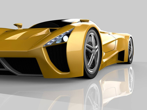 Samochód koncepcyjny żółty wyścigów. Zdjęcie samochodu na szarym tle błyszczący. renderowania 3D. - Zdjęcie, obraz