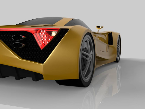 Желтый гоночный концепт-кар. Изображение автомобиля на сером глянцевом фоне. 3d-рендеринг
. - Фото, изображение