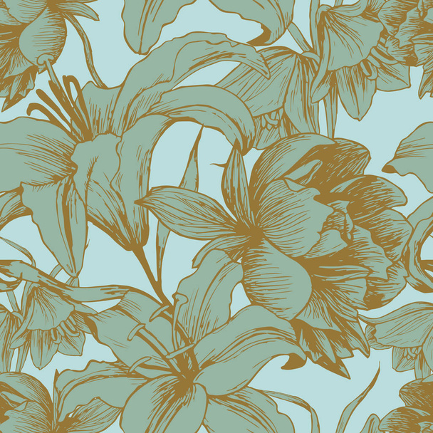 Vector floral seamless pattern with peonies, lilies in vintage style - ベクター画像