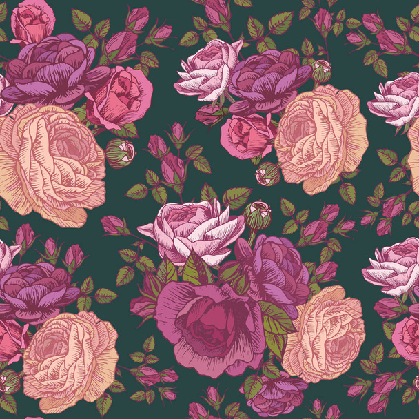 Vector floral seamless pattern with roses and persian buttercup in vintage style - Vector, Image