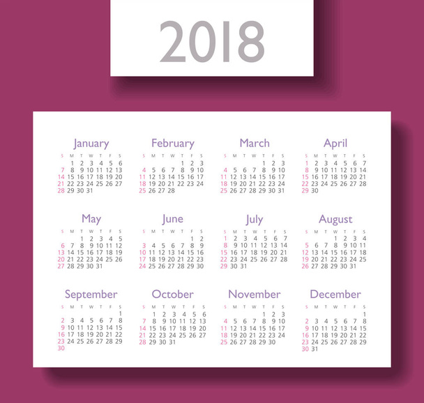 Calendar 2018 year. Week starts from Sunday - Vector, Image