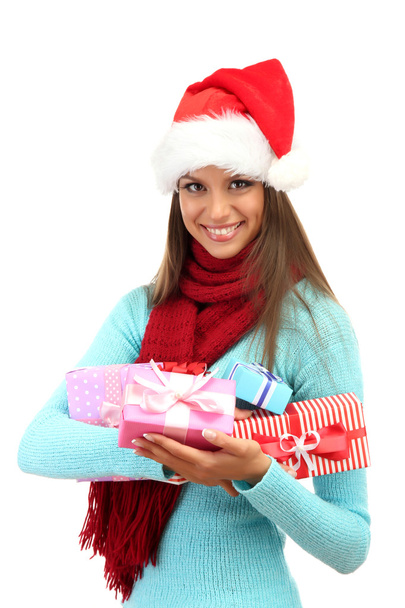 beautiful young woman with gifts, isolated on white - Foto, afbeelding