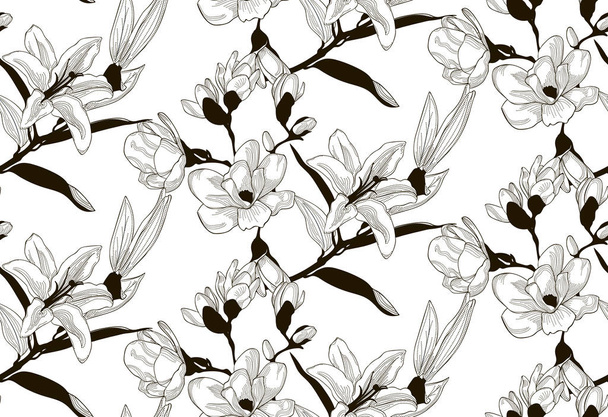 Vector Seamless Pattern with Drawn Flowers - Vector, Image