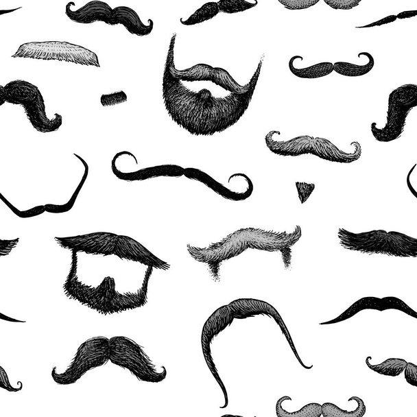 seamless pattern mustache and funny beard of men, hipster and retro barber or hairdresser on transparent background. engraved hand drawn in old sketch, vintage style for packaging and signage. - Vector, Image