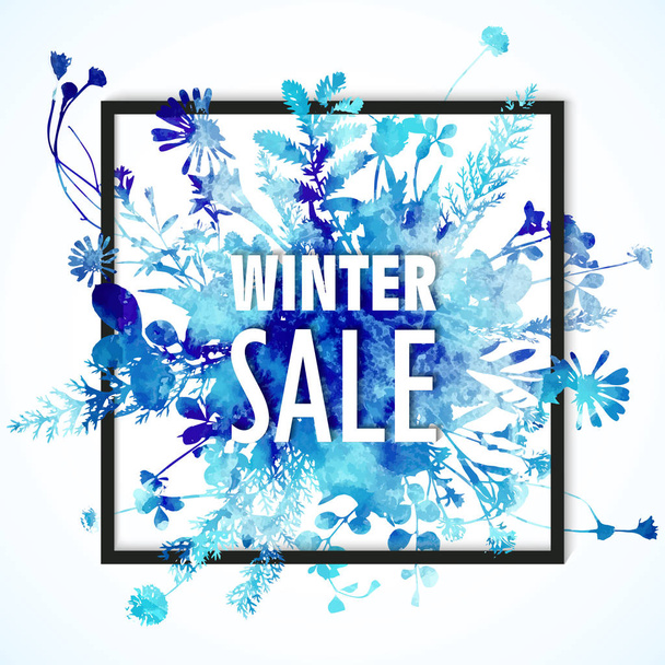 Winter sale banner with blue watercolor bouquet - leaves and flowers on banner border with winter sale words. Minimalistic seasonal winter banner, blue colors. Winter sale hand draw element - Vector, Image