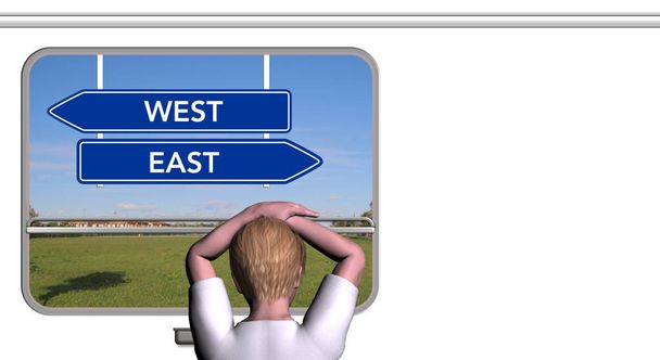 Child looks out of the train window, WEST and EAST sign - Photo, Image
