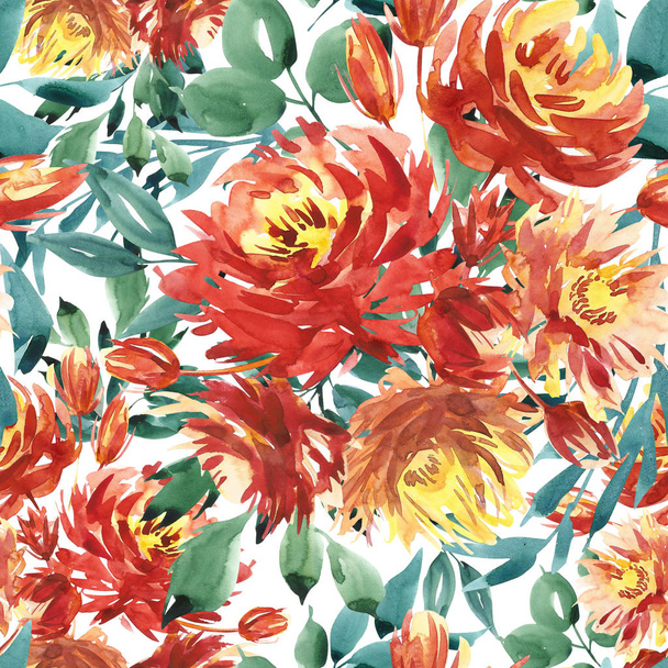 Seamless pattern with large watercolor flowers by red peonies. Elegant template for fashion prints. Dark green leaves. - Fotoğraf, Görsel