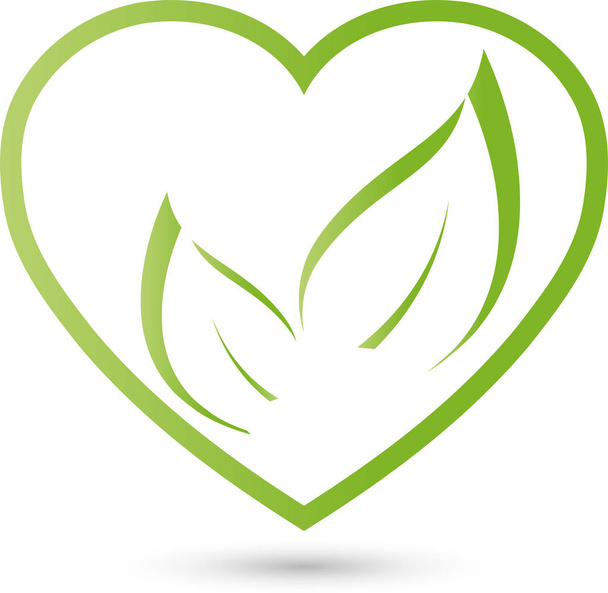 zwei Blätter, Herz, vegan, Natur, Logo - Vektor, Bild
