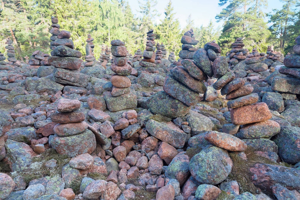Area in the forest covered with many mysterious piles of stones - Photo, Image